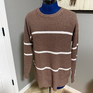 Pink Clover Women's Sweater in Brown with White Stripes